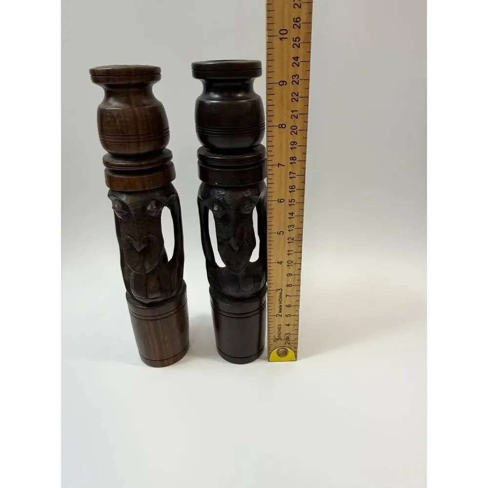 Set 2 Hand Carved Wood Candle Holders Figural Tribal Decor 1.78 lb